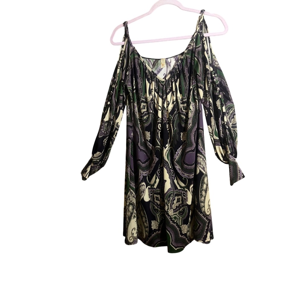 S-Twelve Boho Paisley Cold Shoulder Mini Dress Purple Green Long Sleeve Medium